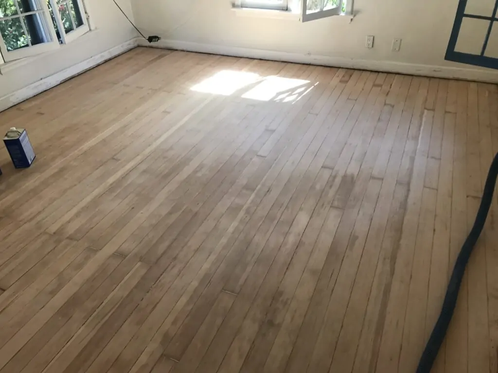 Job turns into vinyl floor removal & Adhesive removal on hardwood floor. Sanding Hardwood floors before applying odor encapsulator. Floors dry, cleaned and ready to seal.