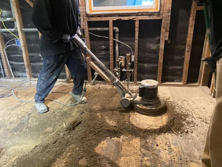 Stained and damaged subfloor exposed after pulling up the carpet